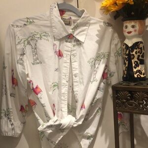 Flamingo lovers!! Lifestyle button down with pink flamingos and palm trees.